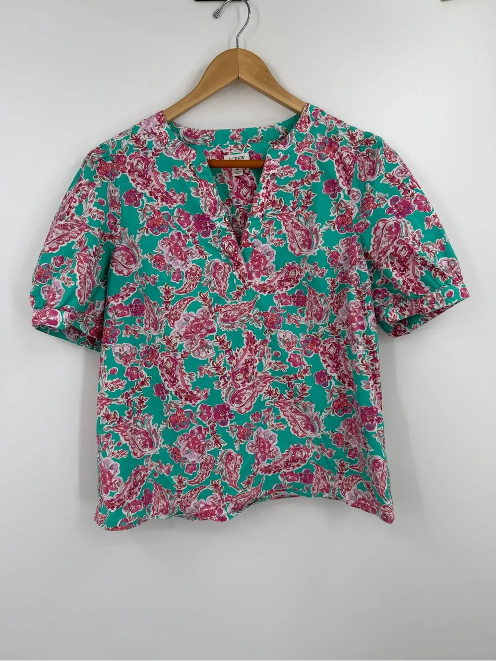 J.Crew Green Pink Paisley Popover Top 🌸 Size M